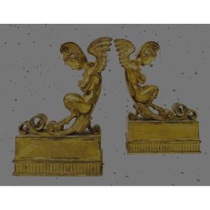 Pair Of Gilt Bronze Andirons Decorated With Winged Faunas 19th Century