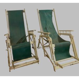 Pair Of Old 20th Century Lacquered Wood Deckchairs