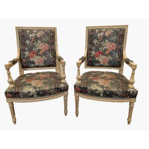 Pair Of Louis XVI Style Armchairs In White Lacquered Beech 20th Century