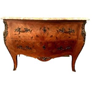 Louis XV Style Curved Commode In Flower Marquetry 20th Century