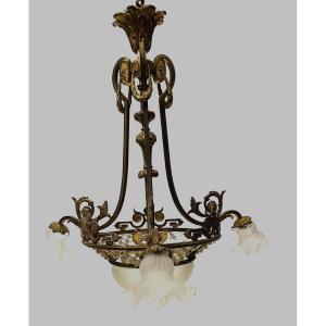 Louis XV Style Chandelier In Bronze And Frosted Glass 20th Century
