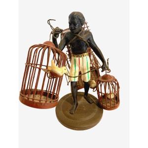 " Le Porteur De Cages d'Oiseaux " Bronze Miniature XX Siècle