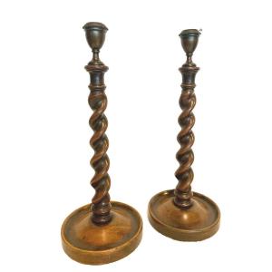 Pair Of 19th Century Solid Walnut Style Candlesticks