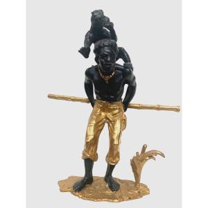Bronze Group With Black And Golden Patina "the Monkey Carrier" 20th Century