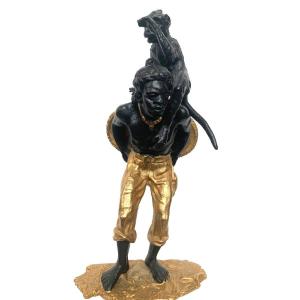 Bronze Group With Double Patina "man With Monkey And Basket" 20th Century