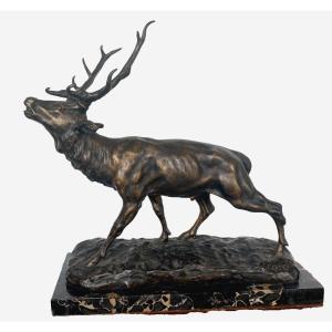 Group In Patinated Bronze "le Brame Du Cerf" By T. Cartier 20th Century