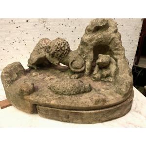 Carved Marble Group (lion Fight) 20th Century
