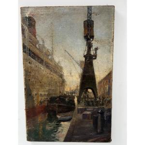 Huile sur toile " Paquebot quittant le quai " XX siècle