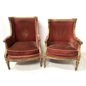 Two Louis XVI Style Wing Chairs In Gilded Wood, 20th Century