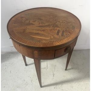 Louis XVI Style Marquetry Pedestal Table With Removable Top, 20th Century