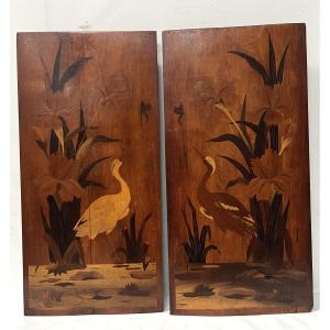 Pair Of Art Nouveau Marquetry Panels, "ecole De Nancy" Style, 20th Century