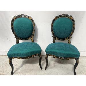 Paire de chaises Napoléon III en bois noir nacré XIX siècl