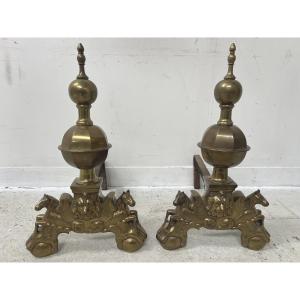 Pair Of Brass Log-holder Andirons, 20th Century