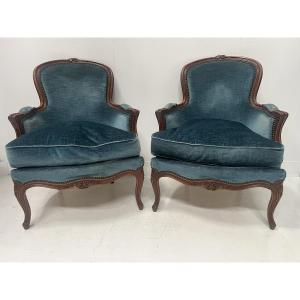 Pair Of Louis XV Style Bergères In Natural Wood XX Century