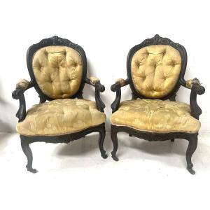 Pair Of 20th-century Louis XV-style Napoleon III Armchairs In Rosewood