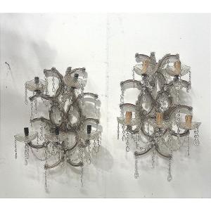 Paire d'appliques "Marie Thérèse" Monture laiton verre et pampilles XX siècle""