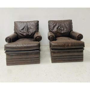 Paire de fauteuils vintage en cuir brun des années 1970