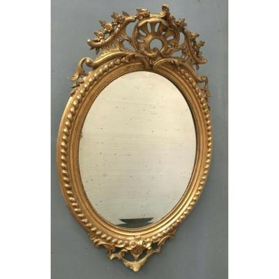 Miroir Ovale A Fronton En Bois Et Stuc Doré Glace Ovale Biseautée Napoléon III