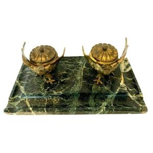 Empire Inkwell In Bronze And Sea Green Marble XX Century