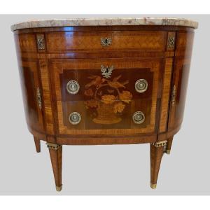 Commode En Demi Lune De Style Louis XVI En Marqueterie  Fin Du XIX Siècle 