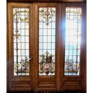 Suite Of Three Separation Doors In Stained Glass With Floral Decor XX Century