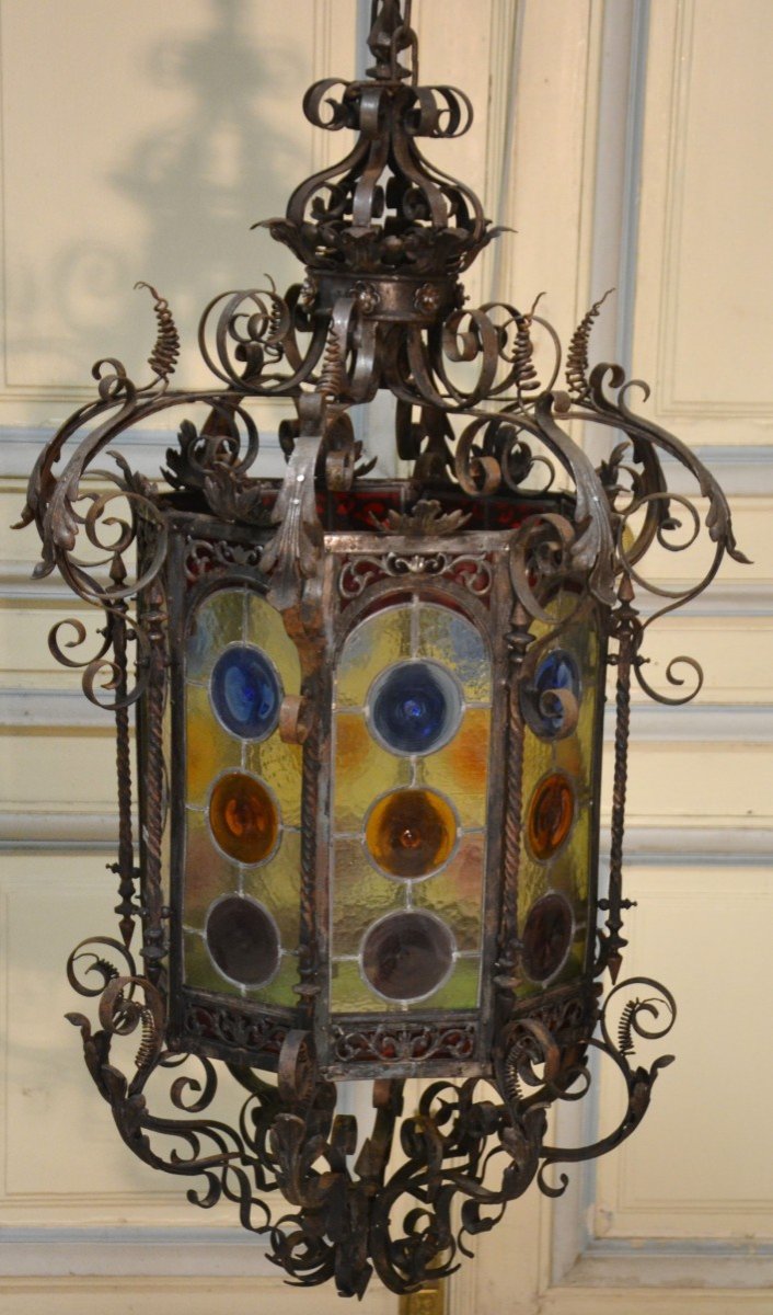 Lanterne En Fer Forgé Et Vitraux, Années 1900