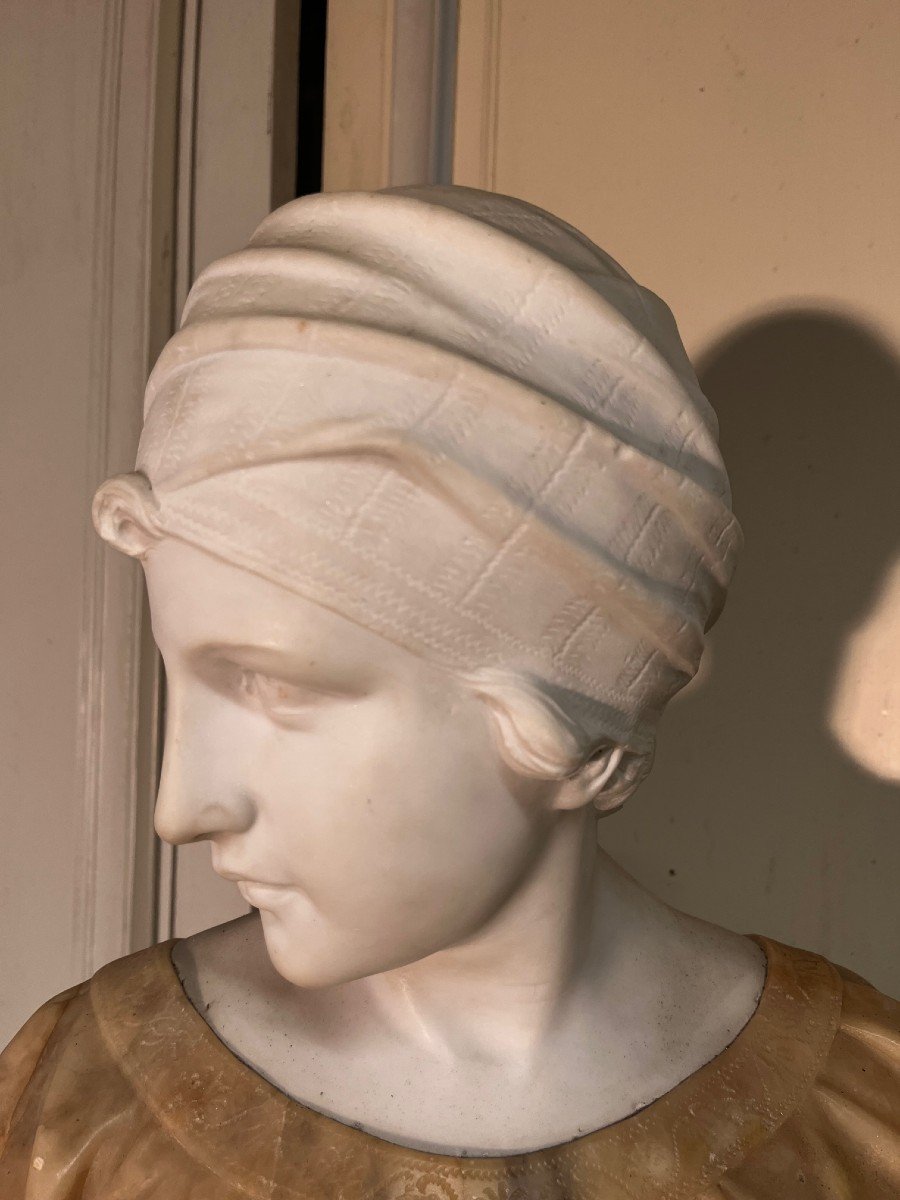 Buste De Femme  En Marbre Et Albâtre, attribué à Pugi Vers 1900-photo-2