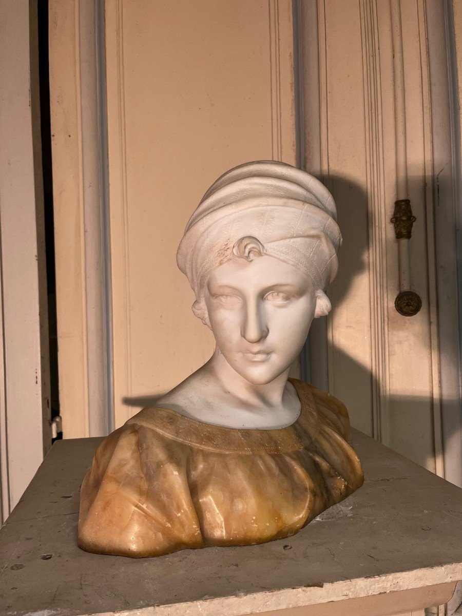 Buste De Femme  En Marbre Et Albâtre, attribué à Pugi Vers 1900-photo-4