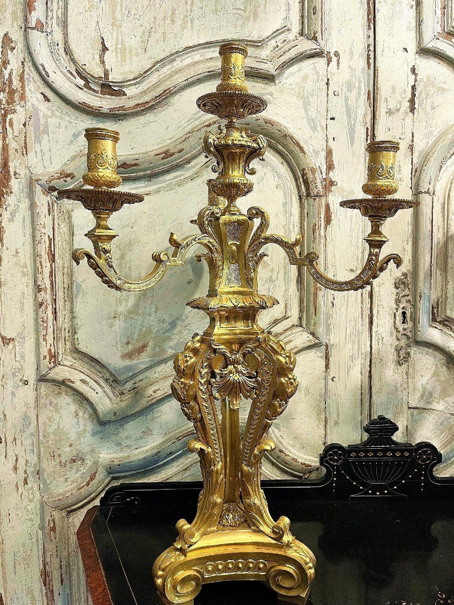 Paire De Candélabres En Bronze Doré Style Louis XIV, époque  Napoléon III.-photo-2