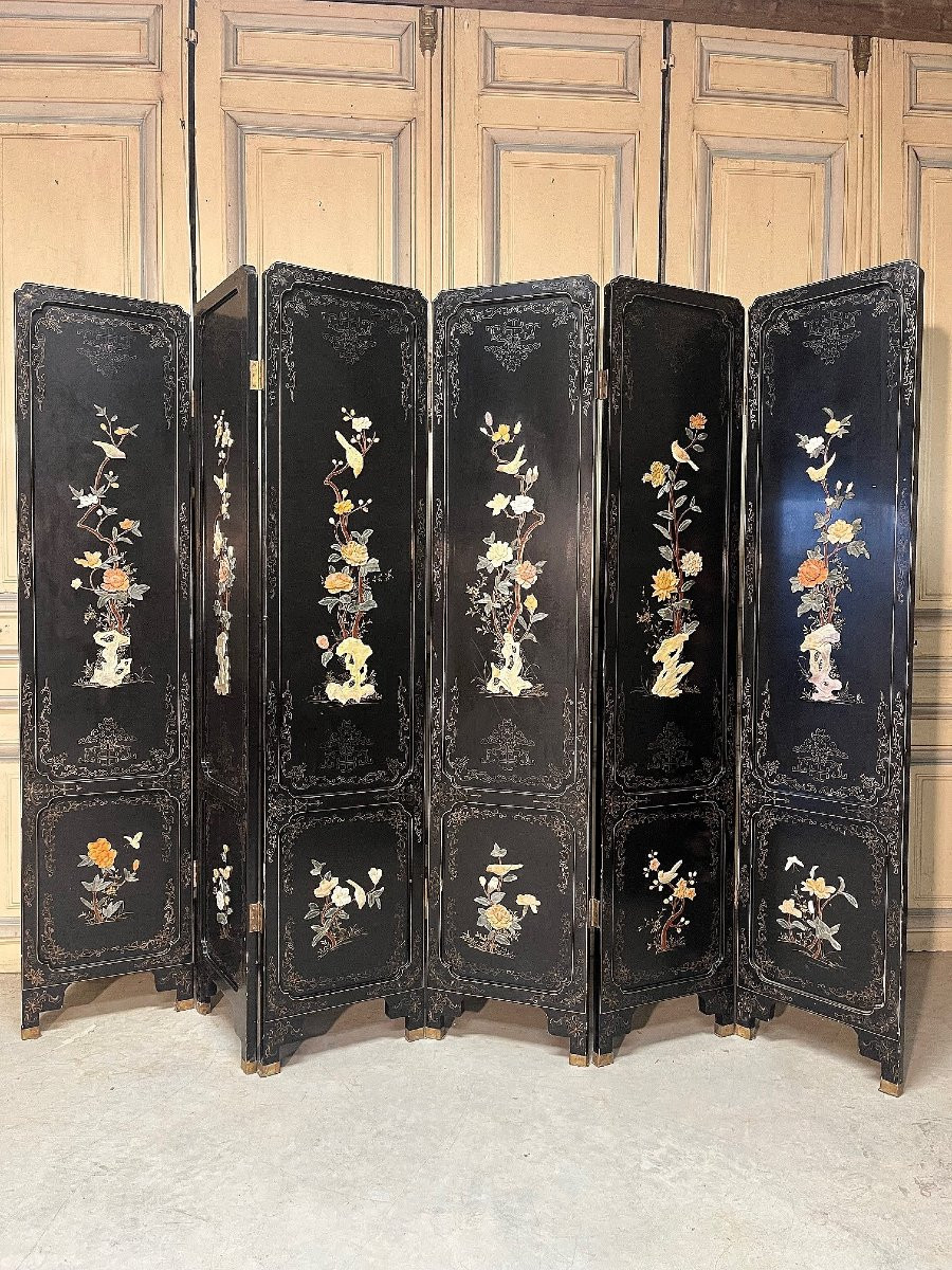 Paravent laqué à six feuilles, Chine des années 70-photo-2