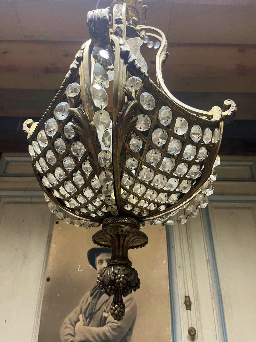 Bronze And Crystal Basket Chandelier, Period Niii-photo-2