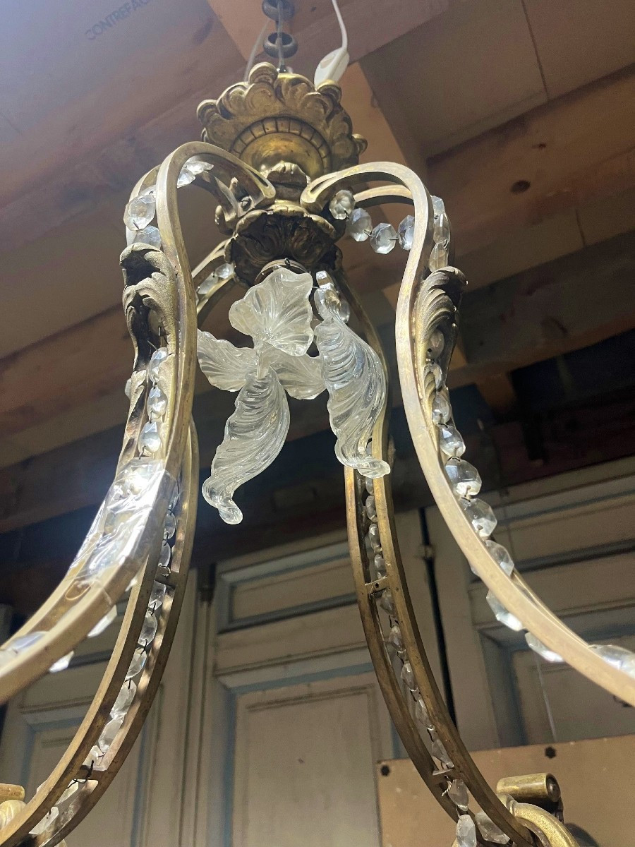 Bronze And Crystal Basket Chandelier, Period Niii-photo-3