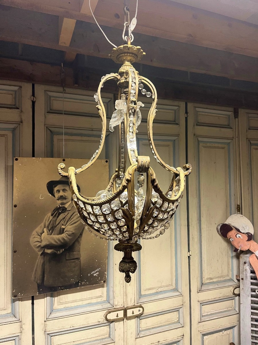 Bronze And Crystal Basket Chandelier, Period Niii