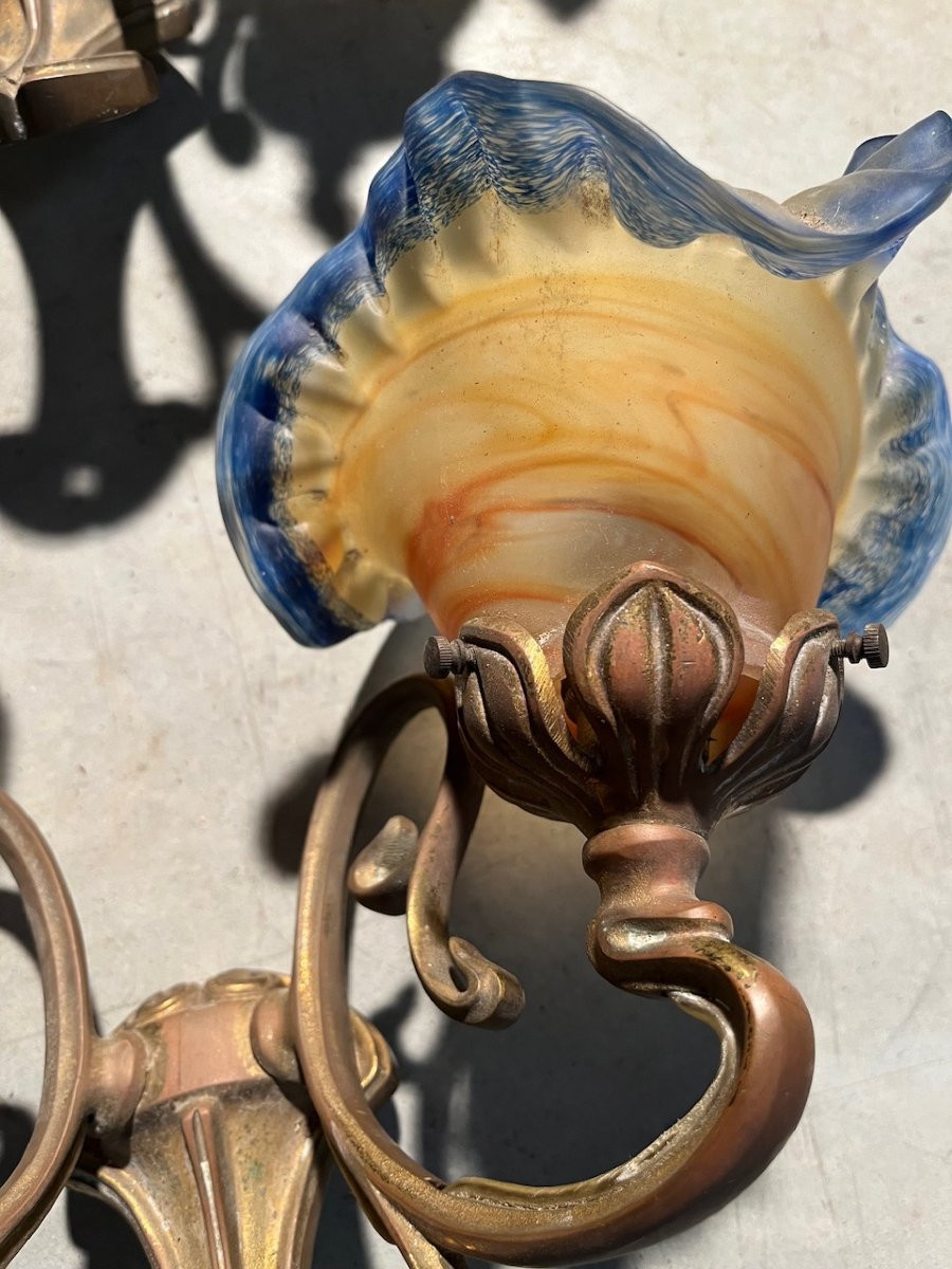 Pair Of Art Nouveau-style Pâte De Verre Sconces Signed Viamme-photo-2