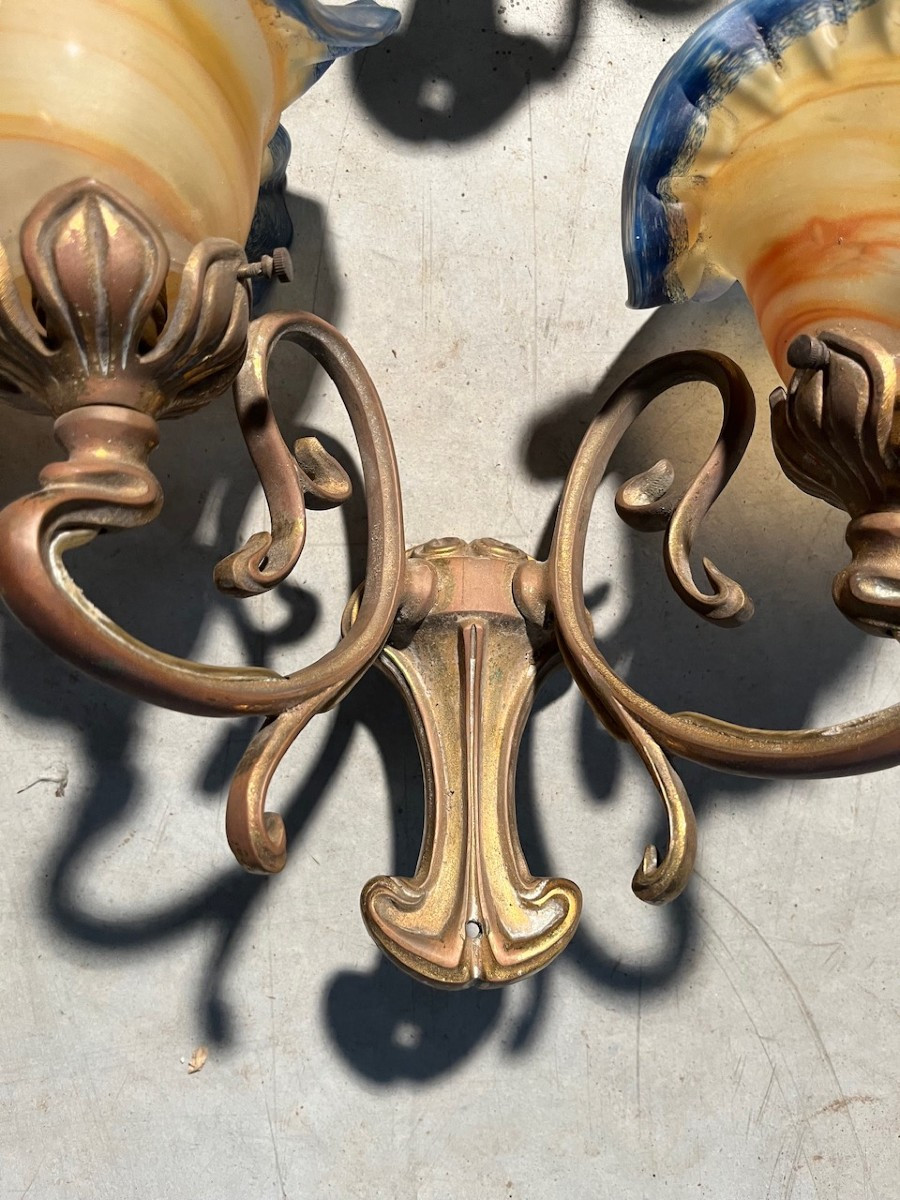 Pair Of Art Nouveau-style Pâte De Verre Sconces Signed Viamme-photo-3