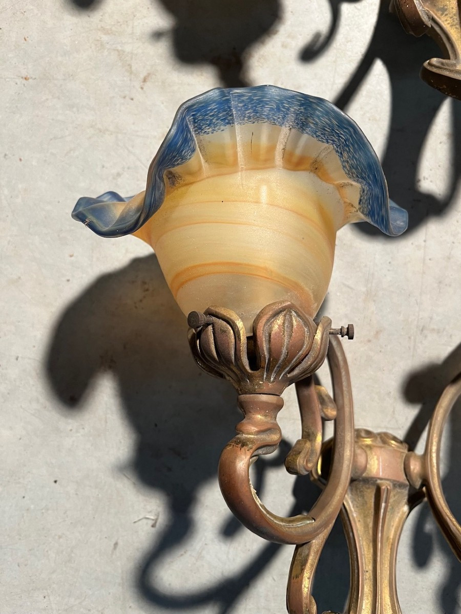 Pair Of Art Nouveau-style Pâte De Verre Sconces Signed Viamme-photo-4