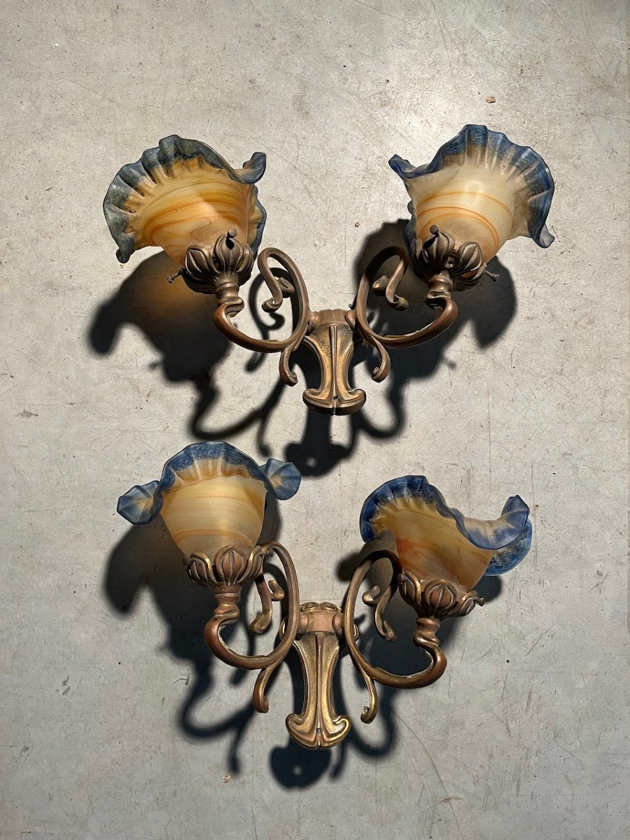 Pair Of Art Nouveau-style Pâte De Verre Sconces Signed Viamme