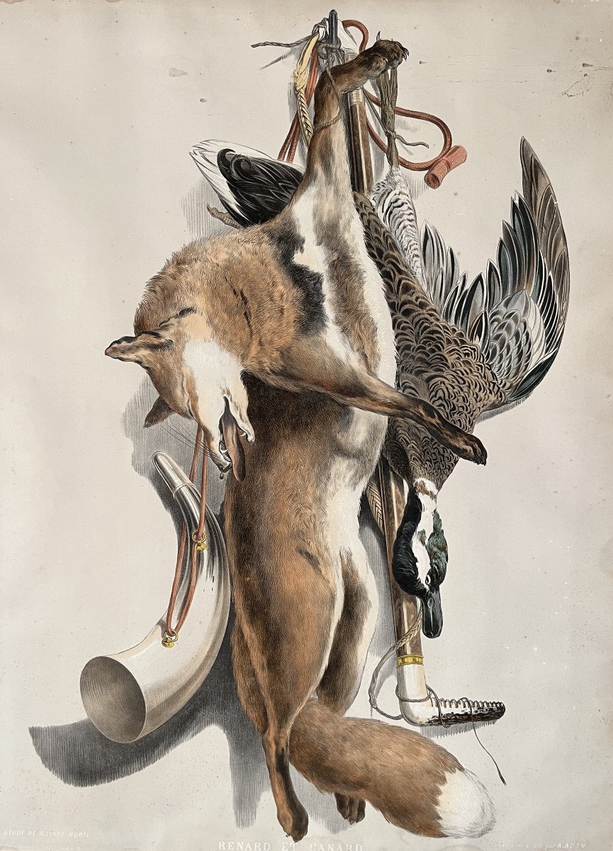 Suite de cinq lithographies à décor de trophés de chasse, fin XIXe siècle-photo-3
