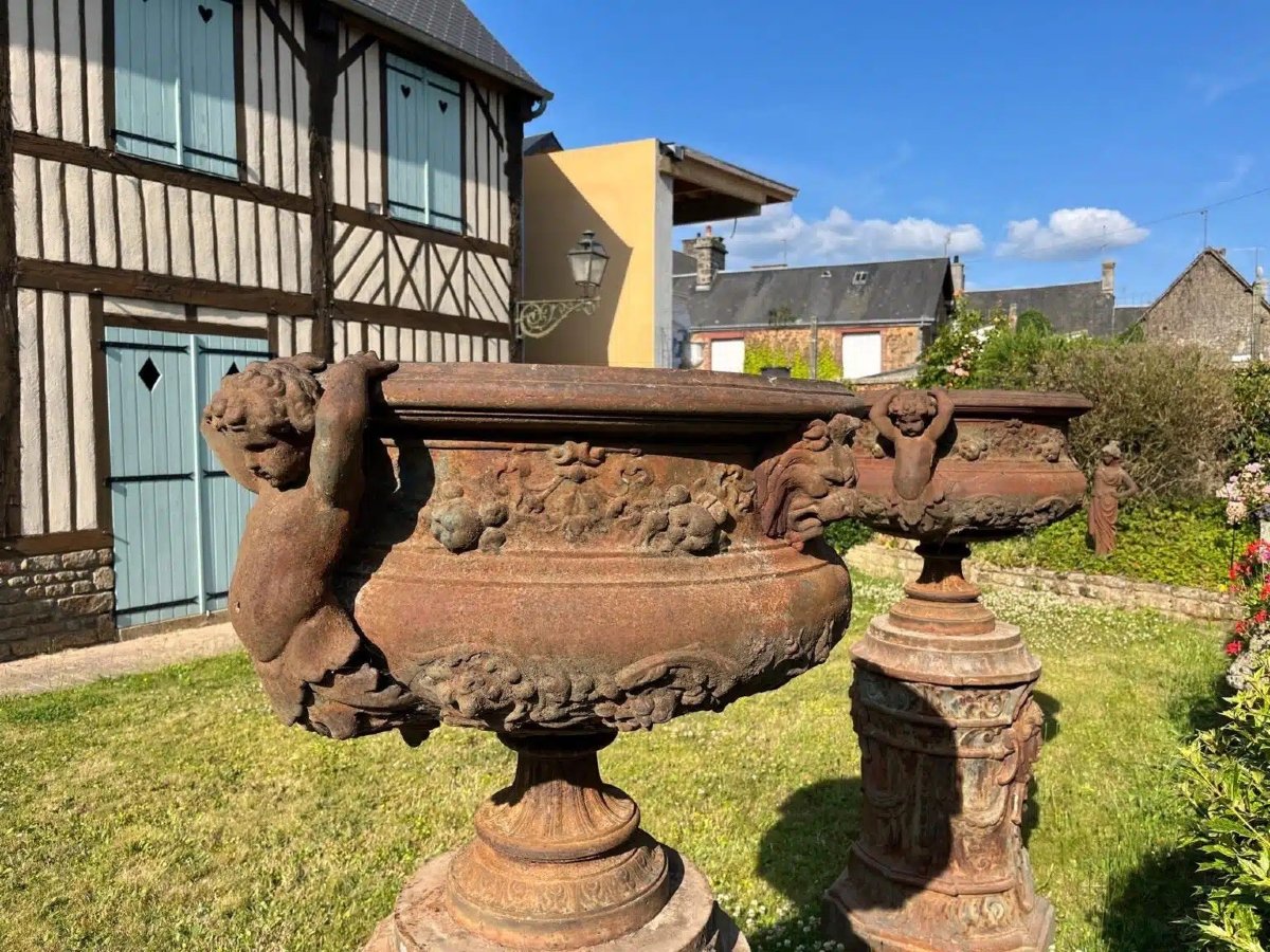 Pair Of Vases And Their Val d'Osne Cast-iron Bases-photo-6