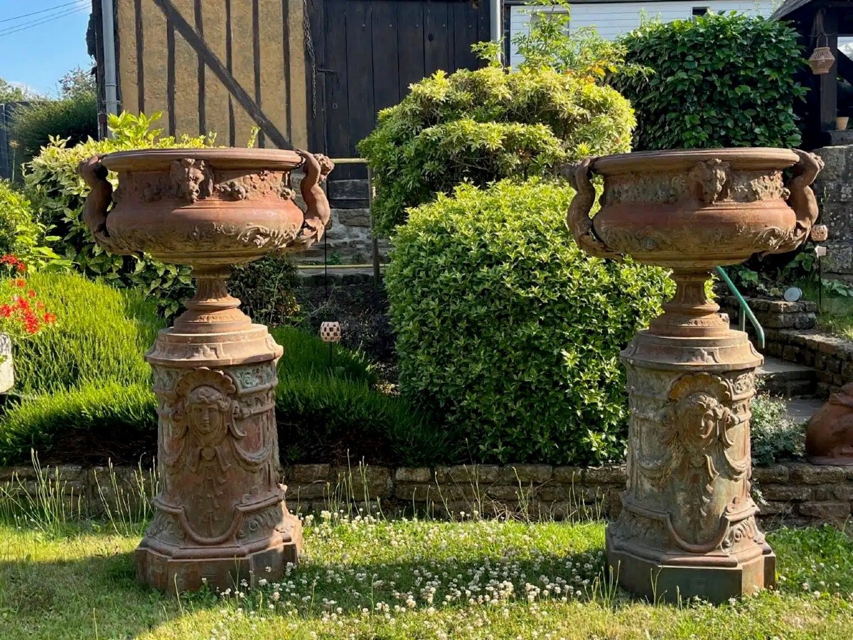 Pair Of Vases And Their Val d'Osne Cast-iron Bases-photo-7