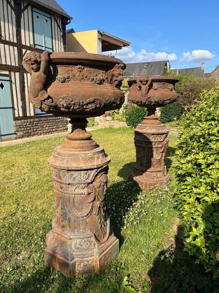 Pair Of Vases And Their Val d'Osne Cast-iron Bases
