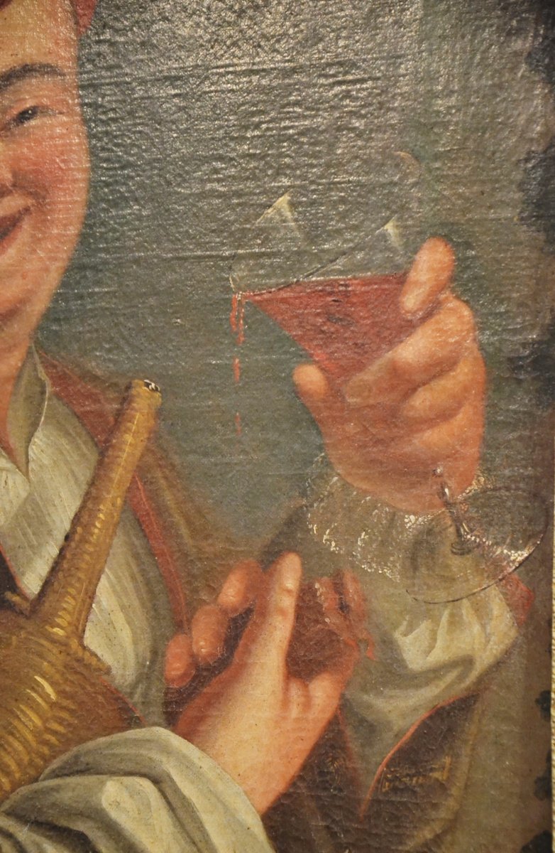 huile sur toile "le gai buveur" école française XVIIIe siècle-photo-3