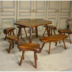 Table And Eight Stools In Olive Tree, Brutalist Art From The 60s.