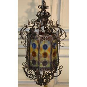 Wrought Iron And Stained Glass Lantern, 1900s