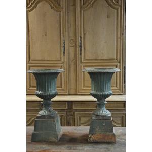 Pair Of Cast Iron Vases With Its Bases.