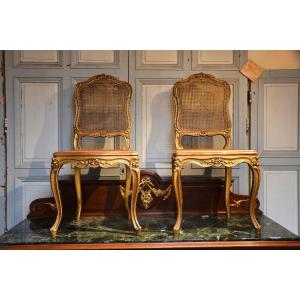 Pair Of Cane Chairs In Golden Wood, 19th Century Period