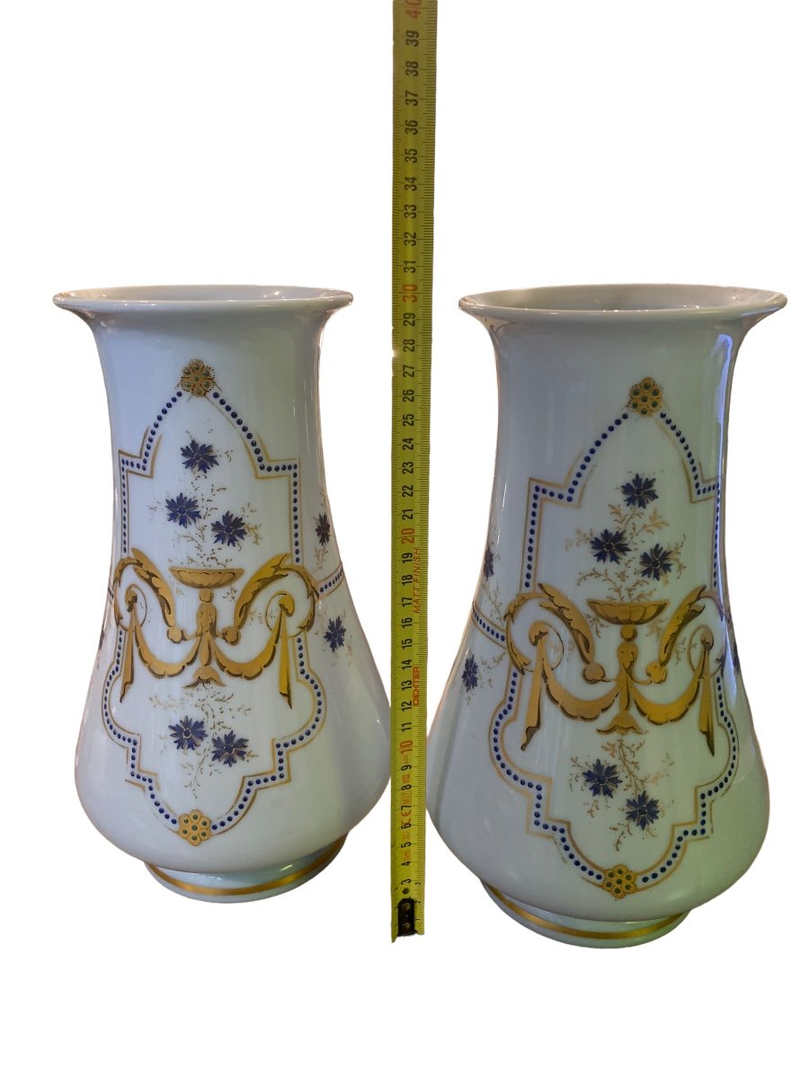Pair Of Baccarat Purple Opaline Vases, Golden Decor, Perfect Condition-photo-2