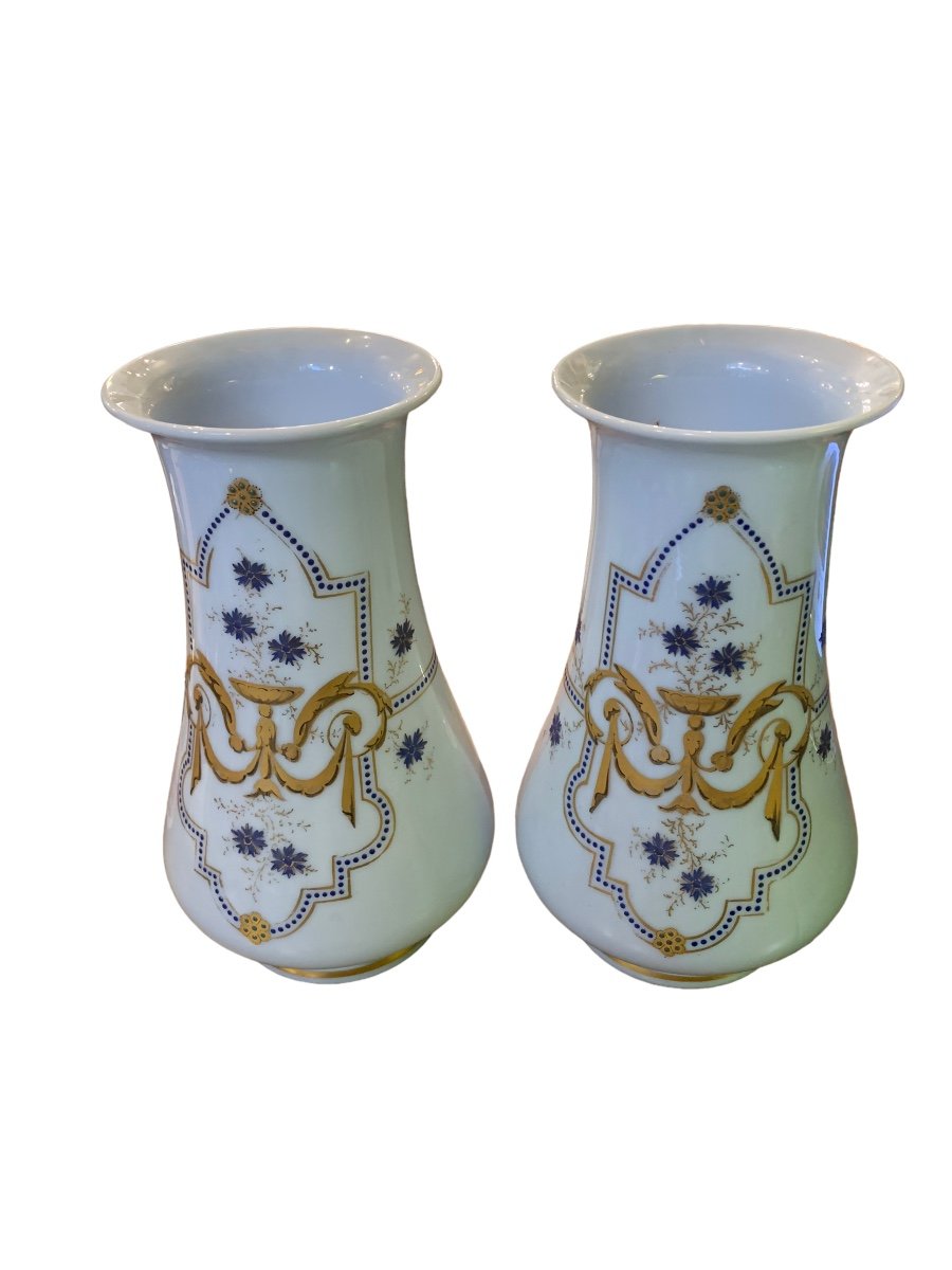 Pair Of Baccarat Purple Opaline Vases, Golden Decor, Perfect Condition-photo-4