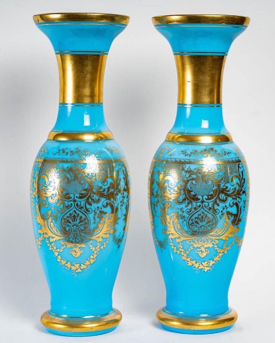 Paire De Vases En Cristal, Opaline Bleu, Baccarat 50 Cm-photo-4