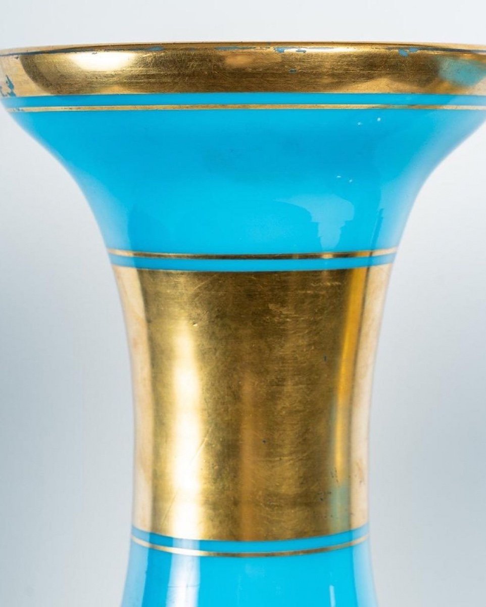 Paire De Vases En Cristal, Opaline Bleu, Baccarat 50 Cm-photo-1